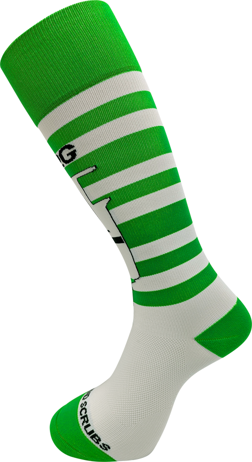 Ascend Scrubs Green 18G IV color-coded knee-high compression socks for nurses on white background