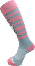 Ascend Scrubs Pink 20G IV color-coded knee-high compression socks with pink and gray stripes
