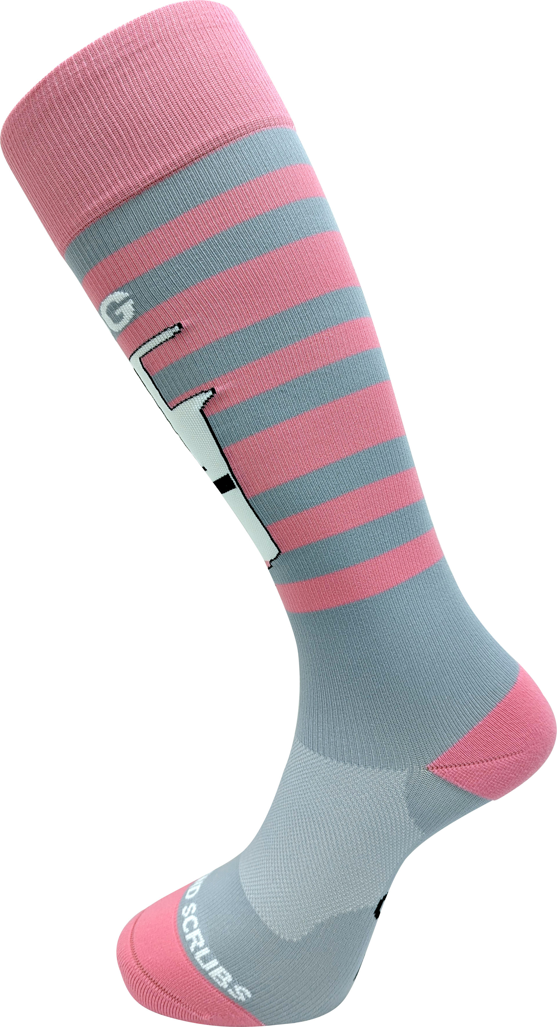 Knee-high sock with pink and gray stripes on a white background