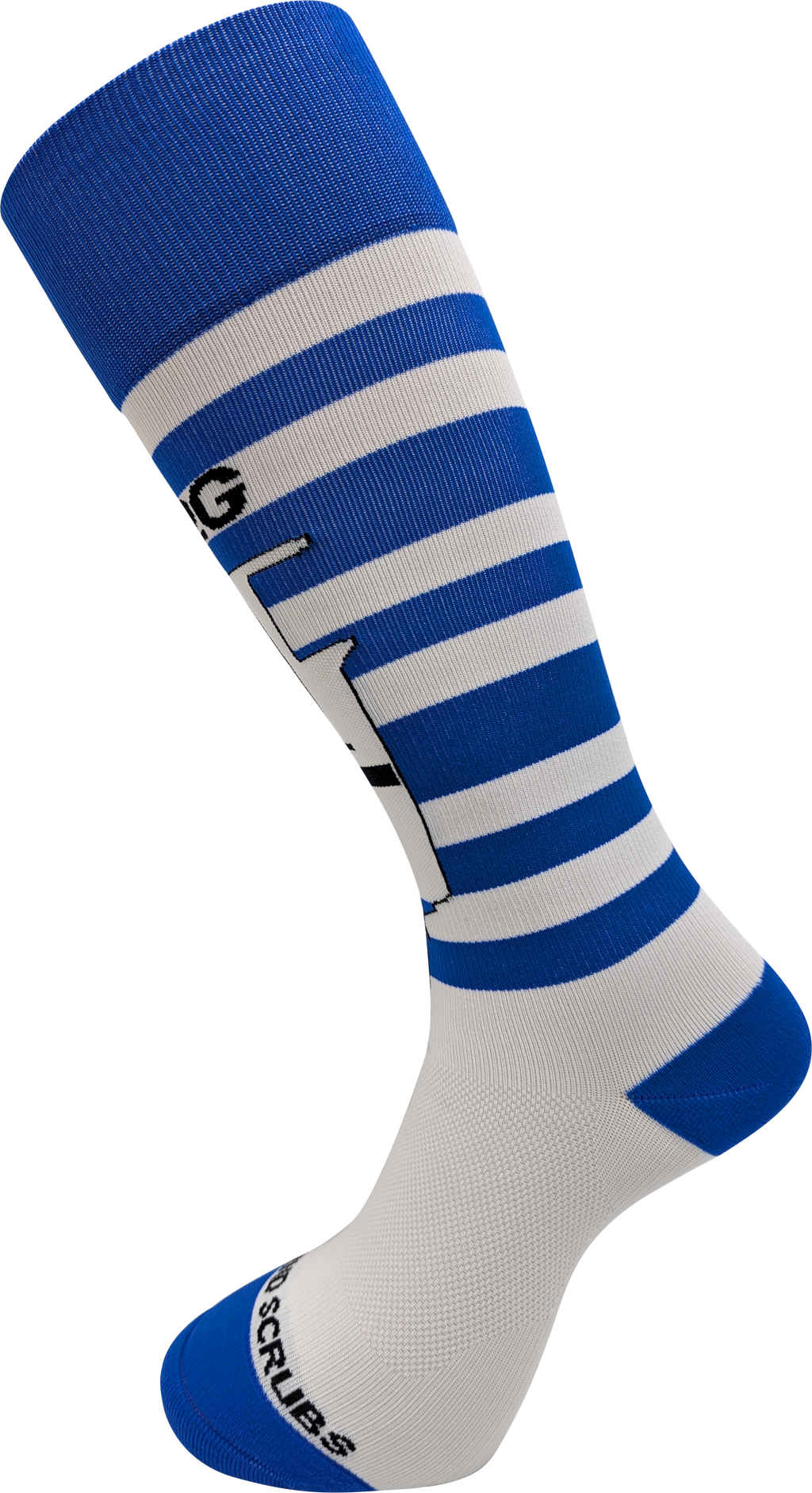 Ascend Scrubs Blue 22G IV color-coded knee-high compression socks with blue and white stripes on white background