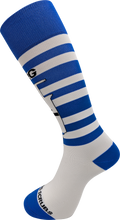 Ascend Scrubs Blue 22G IV color-coded knee-high compression socks with blue and white stripes on white background