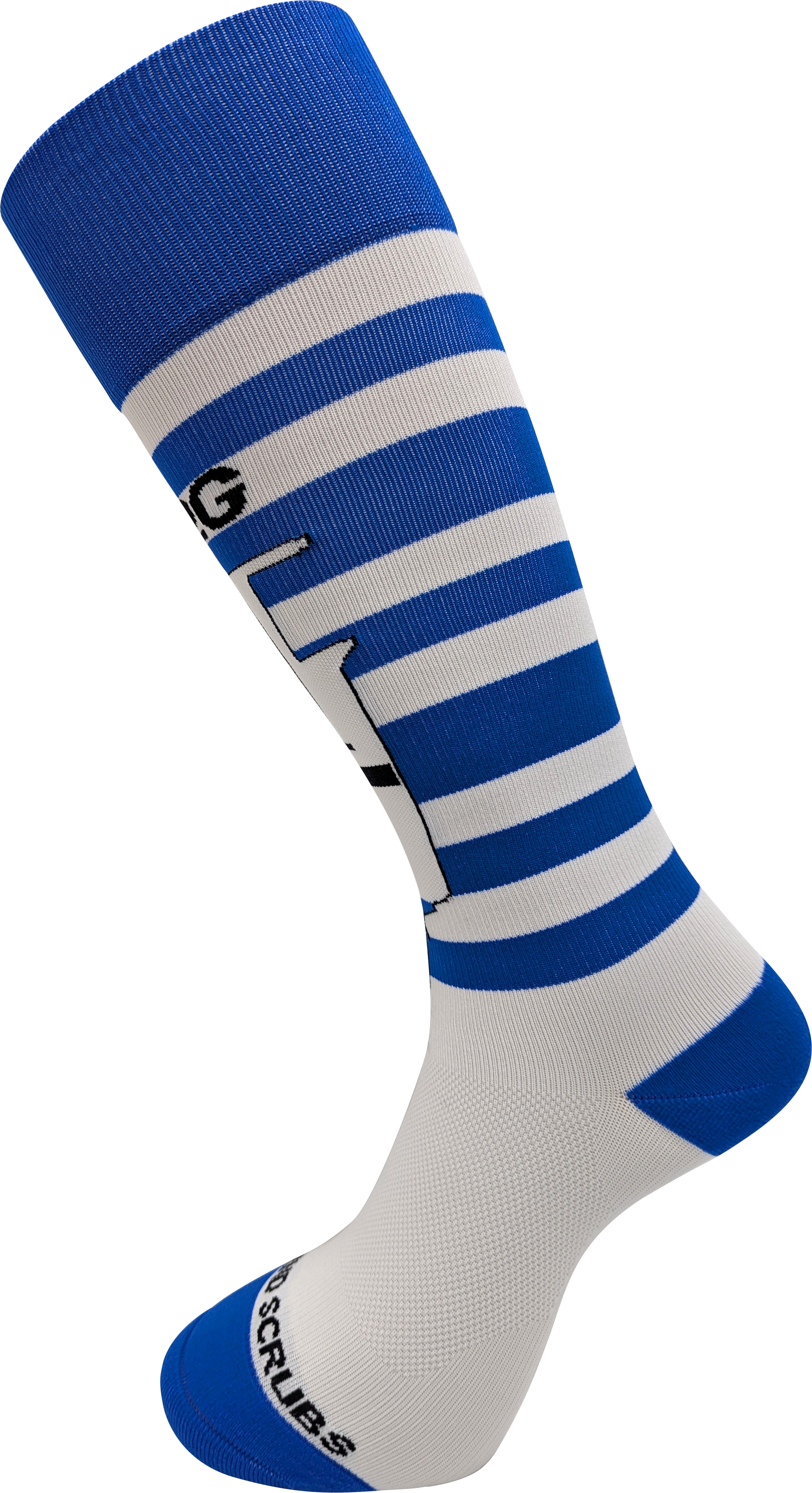 Knee-high sock with blue and white stripes on a white background
