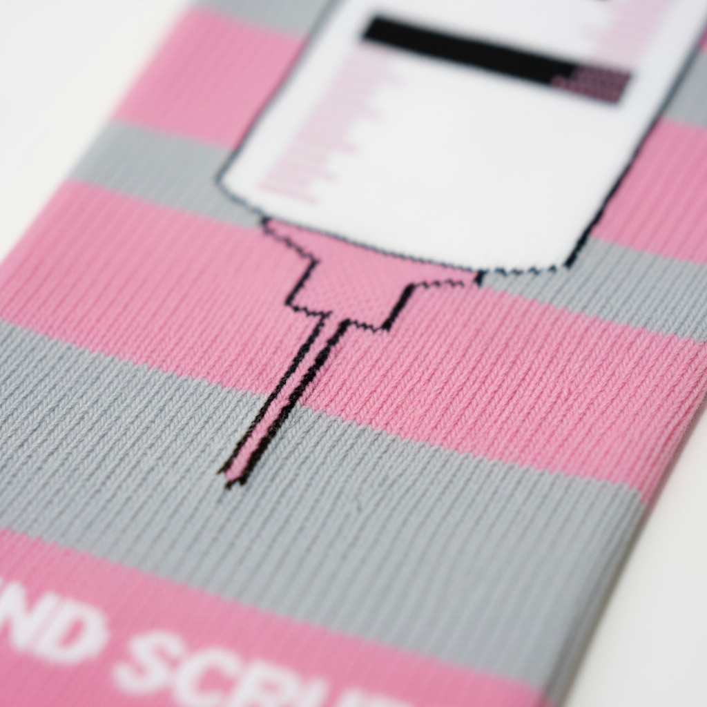 Close-up of Ascend Scrubs compression sock fabric texture, pink and gray stripes