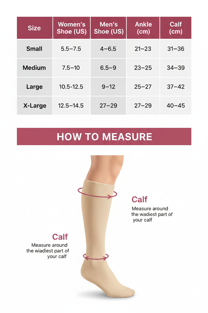 Ascend Scrubs compression socks size chart with how to measure guide